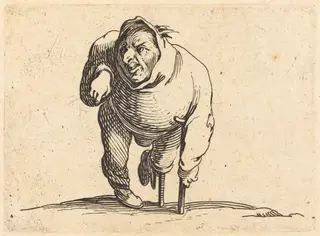 Cripple with Crutch and Wooden Leg, by Jacques Callot, ink, 1622