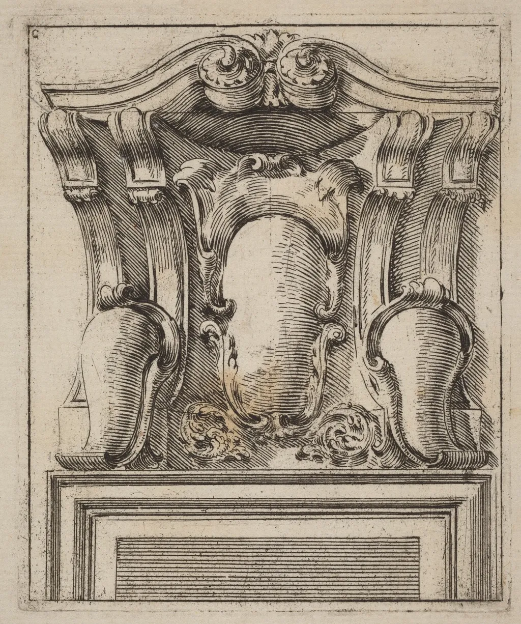 Architectural Motif with Three Shields, by Carlo Antonio Buffagnotti, ink, 1690