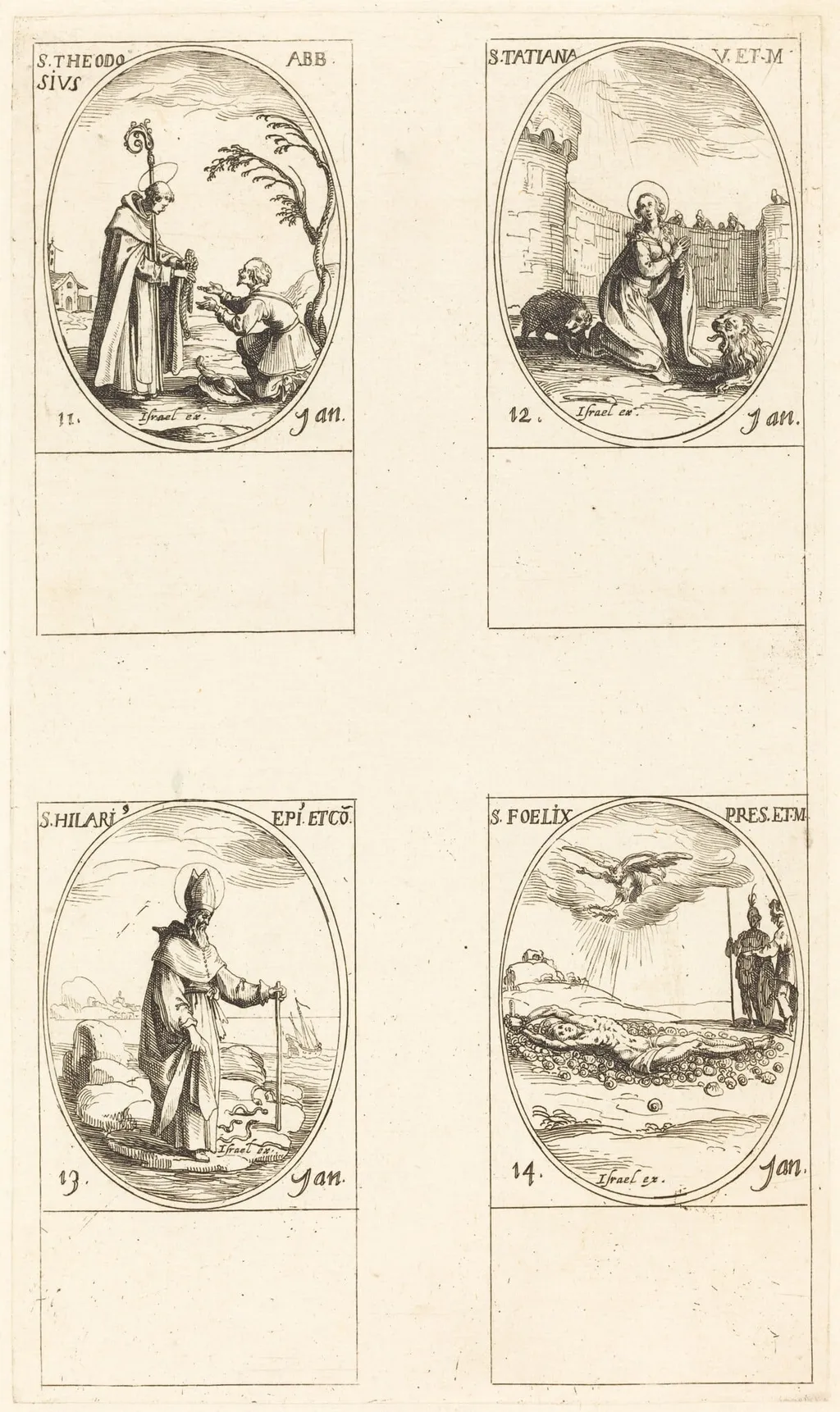 St. Theodosius; St. Tatiana; St. Hilary; St. Felix, by Jacques Callot, ink, 1634