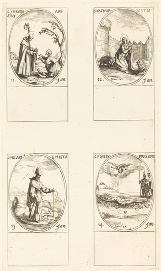 St. Theodosius; St. Tatiana; St. Hilary; St. Felix, by Jacques Callot, ink, 1634