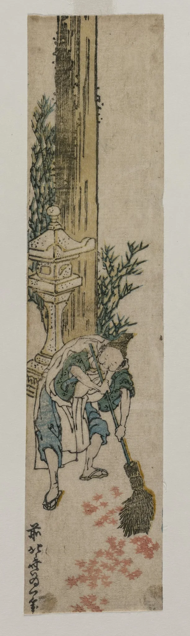 Shrine Attendant Raking Maple Leaves, detail