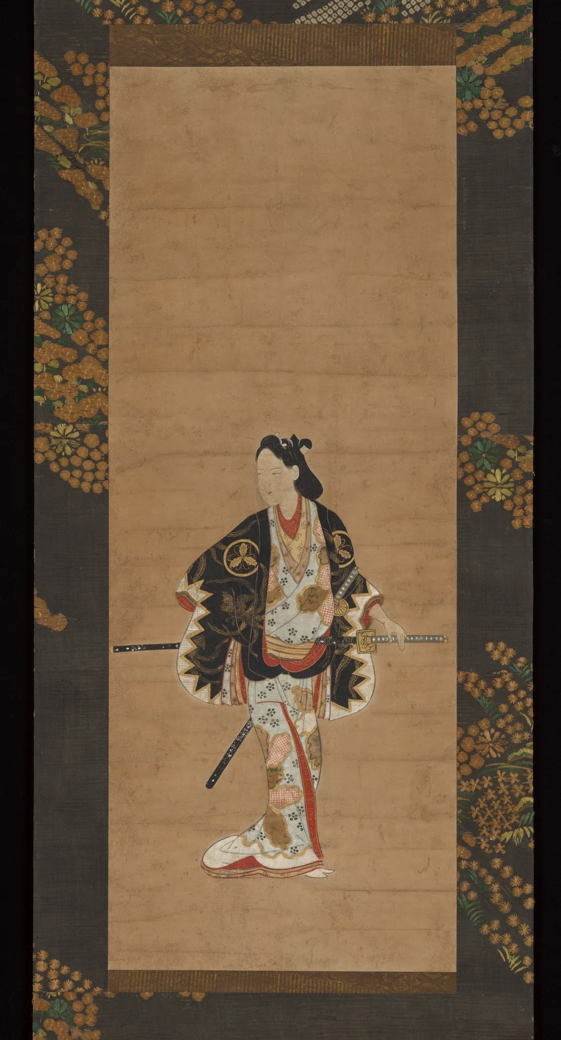 Standing Beauty with Two Swords 若衆立姿図 (Wakashū tachisugata zu), detail