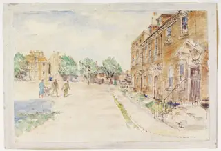 18th century houses at The Butts, Brentford, by Archibald Standish Hartrick, watercolor, 1940
