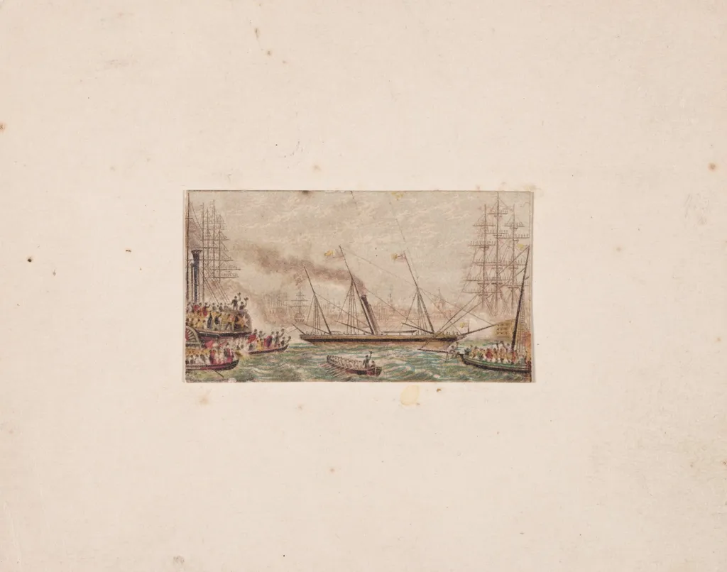Needle-box Print:  The Royal Fleet in Kilkenny Bay (?), by George Baxter, 1850