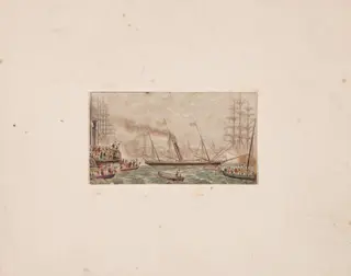 Needle-box Print:  The Royal Fleet in Kilkenny Bay (?), by George Baxter, 1850
