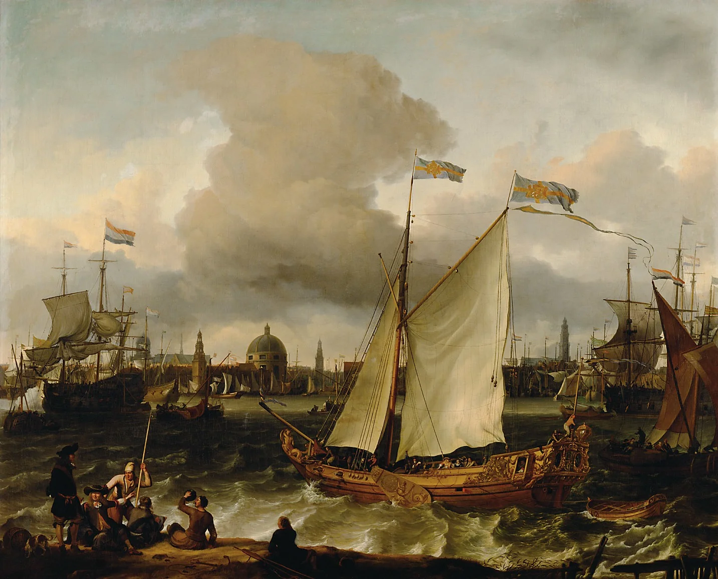 View of the Amsterdam Port with the Swedish Ship 'Lejonet'; the Lutheran Church beyond, detail