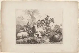 Boy on a Donkey Watching over a Group of Animals, by Francesco Londonio, ink, 1763