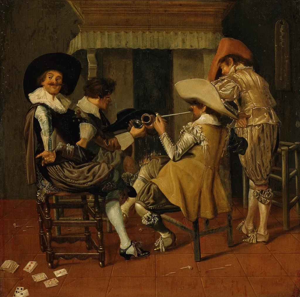 Company of smoking and drinking men in an interior, by Dirck Hals, paint, 1627