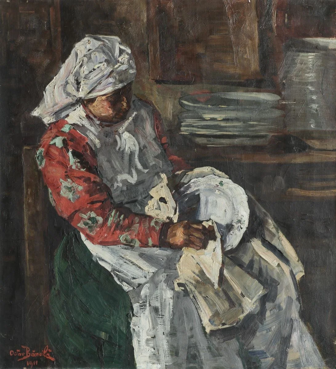 Femeie ștergând farfurii, detail