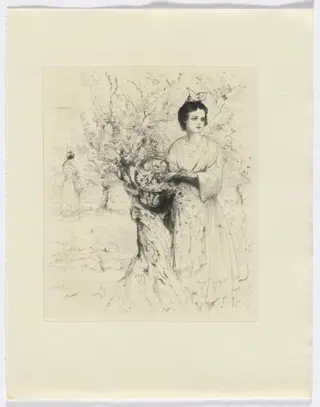 Frédéric Mistral: Mémoires et Recits by Frédéric Mistral: woman outside with a basket of flowers (insert after p. 192), by Auguste Brouet, 1937