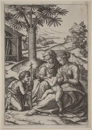 Madonna under a Palm Tree, by Marcantonio Raimondi, ink, 1507