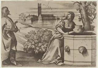 Christ and the Samaritan Woman, by Giulio Campagnola, ink, 1510
