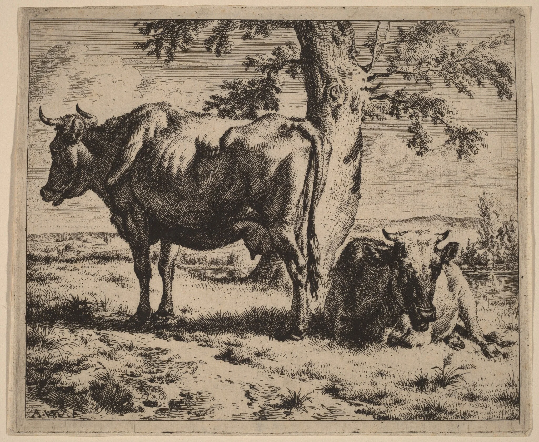Two Cows under a Tree, detail