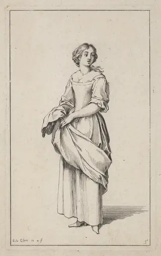 Standing Young Peasant Woman, by Sébastien Le Clerc I, ink, 1685