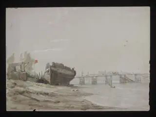 Watercolour drawing by the Grieve family, showing Battersea Bridge, by Grieve, 1850