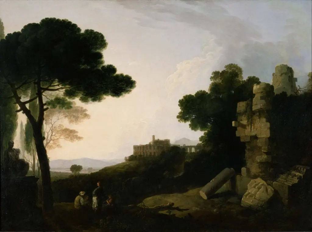 Landscape Capriccio with Tomb of the Horatii and Curiatii, and the Villa of Maecenas at Tivoli, by Richard Wilson, oil, 1754
