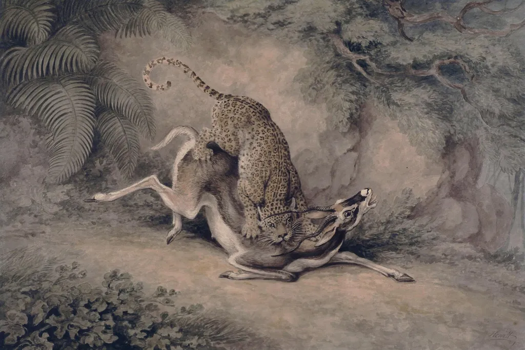 Leopard attacking an Antelope, by Samuel Howitt, watercolor, 1785