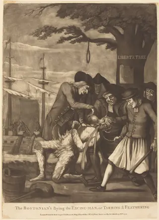 The Bostonian's Paying the Excise-Man, or Tarring & Feathering, by Philip Dawe, ink, 1774