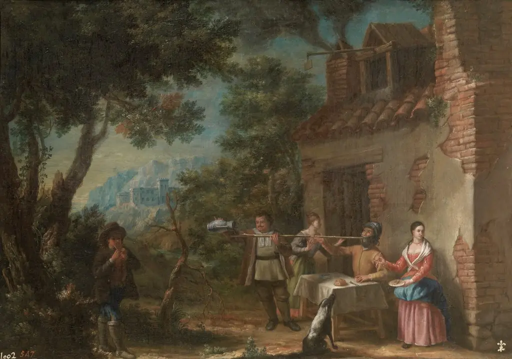 Don Quixote at the Inn, by Valero Iriarte, oil, 1720
