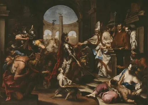 Theodosius Repulsed from the Church by Saint Ambrose, by Alessandro Magnasco, oil, 1705