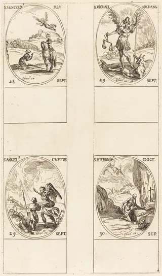 St. Wenceslas; St. Michael, Archangel; The Guardian Angel; St. Jerome, by Jacques Callot, ink, 1634
