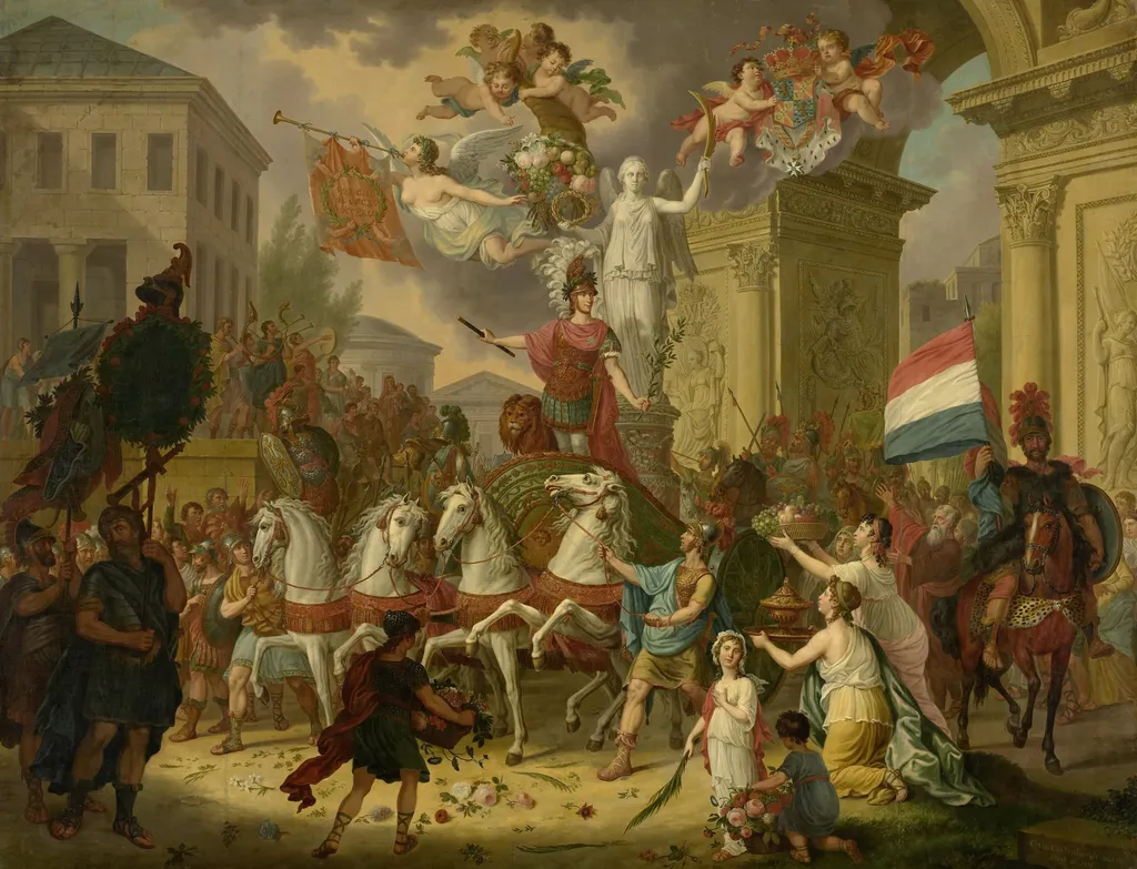 Allegory of the Triumphal Procession of the Prince of Orange, the Future King Willem II, as the Hero of Waterloo, 1815, by Cornelis van Cuylenburgh, unspecified, 1815