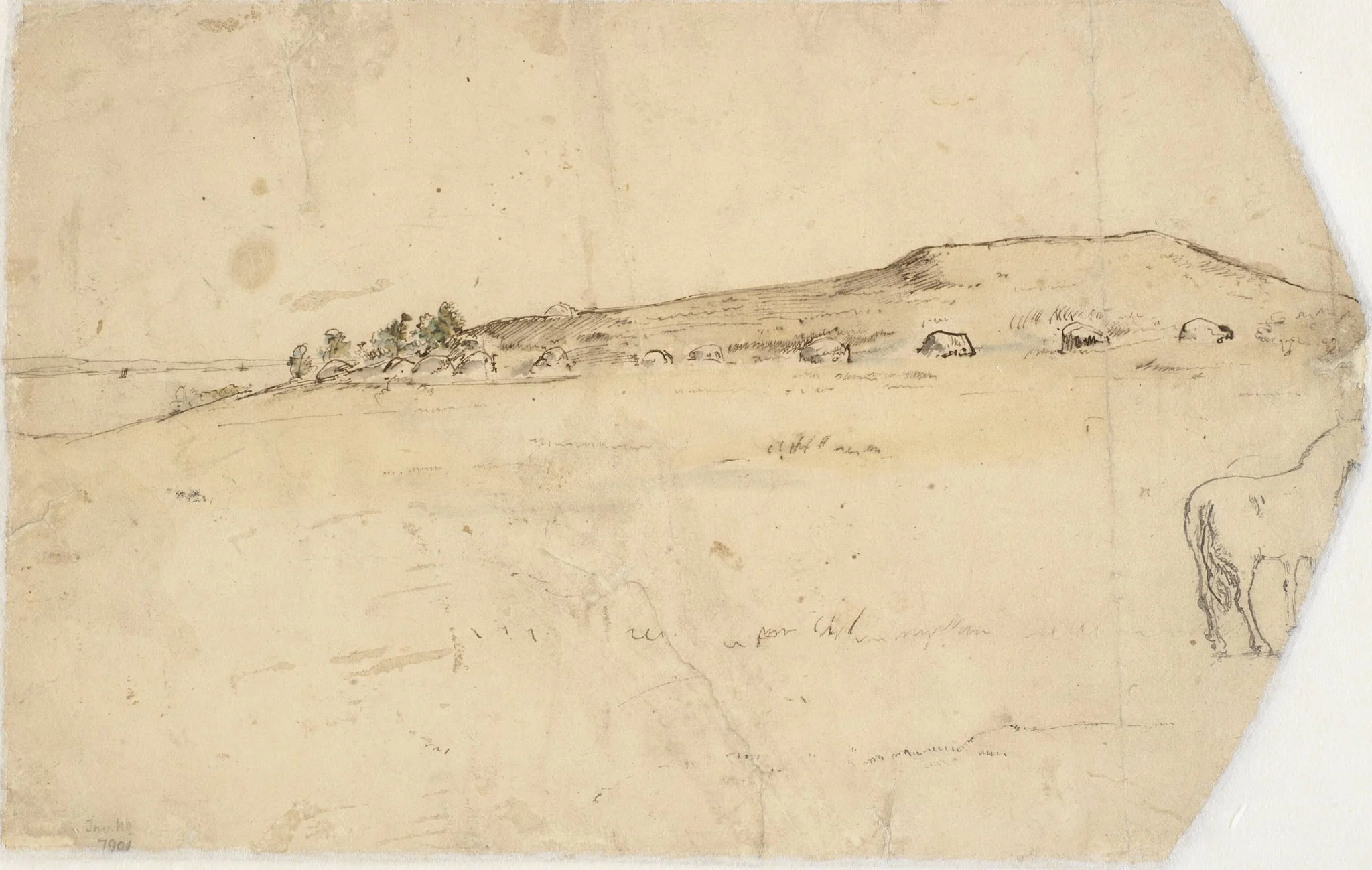 Landskab (fra Brandsø?) med kæmpehøje, detail