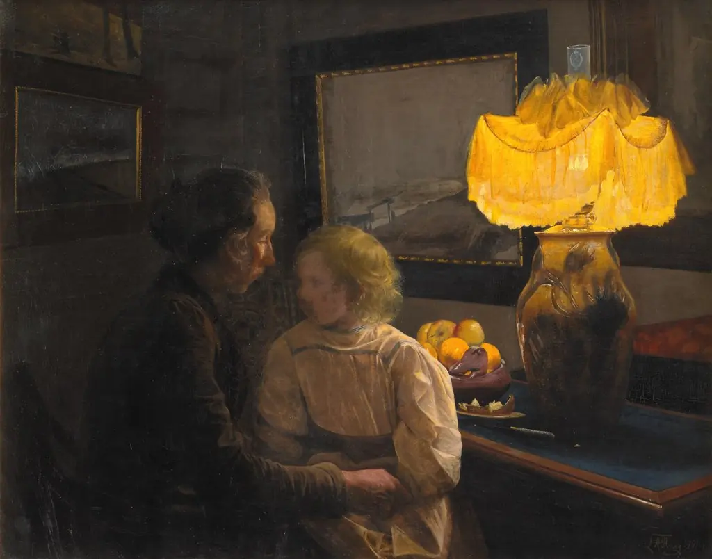 Moder fortæller. Kunstnerens hustru og datter, by Laurits Andersen Ring, oil, 1901