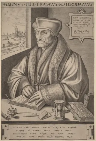 Erasmus of Rotterdam, by Frans Huys, ink, 1555