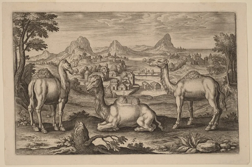 Two Dromedaries and a Camel, by Adriaen Collaert, ink, 1597