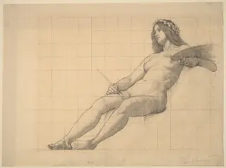 Reclining Female Nude Study for "Painting", by Kenyon Cox, graphite, 1888