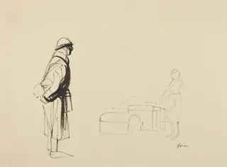 a) Poilu and Nurse (recto); b) Sketch for the Poilu (verso), by Jean-Louis Forain, ink, 1916