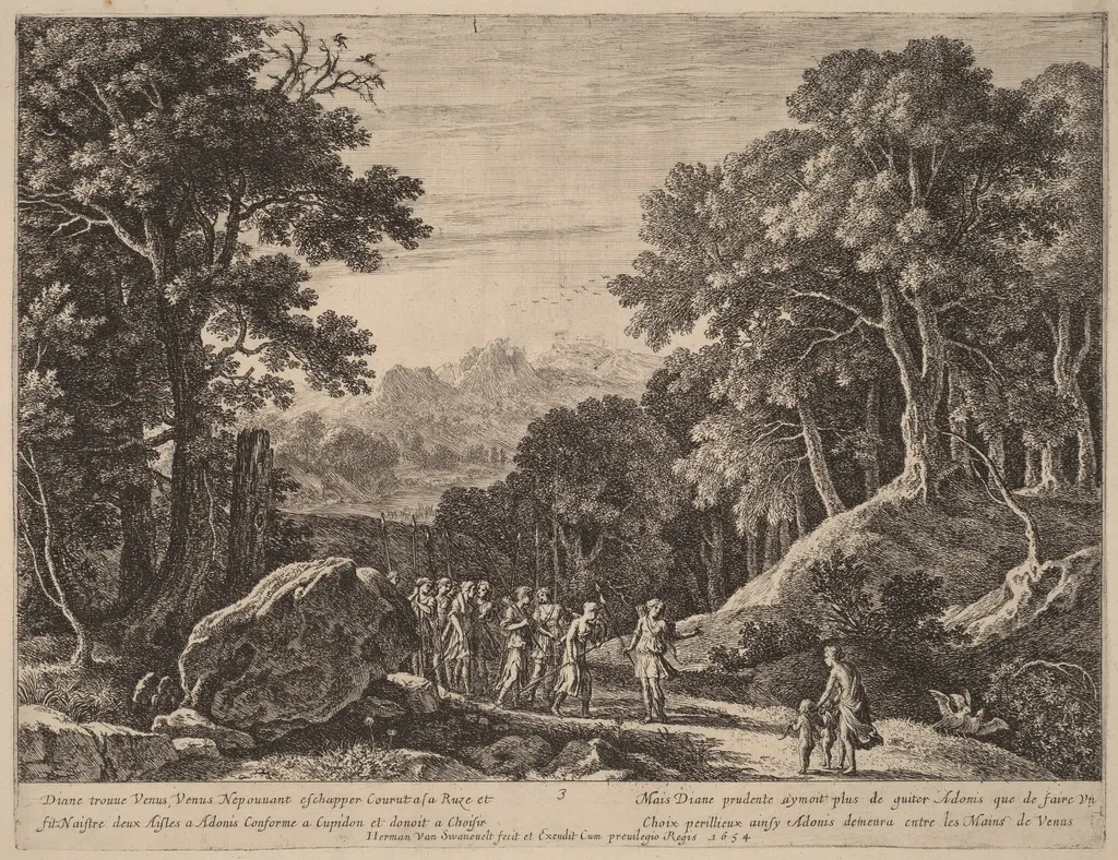 Venus Offering Diana a Choice between Cupid and Adonis, by Herman van Swanevelt, ink, 1628