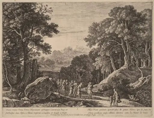 Venus Offering Diana a Choice between Cupid and Adonis, by Herman van Swanevelt, ink, 1628