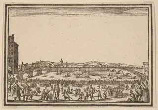 Fireworks on the Arno, Florence, by Edouard Eckman, ink, 1621
