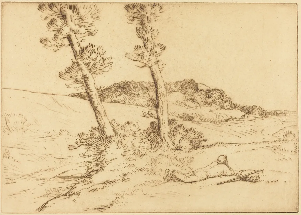 Traveler Reclining on the Grass (Le voyageur etendu sur le gazon), by Alphonse Legros, ink, 1874