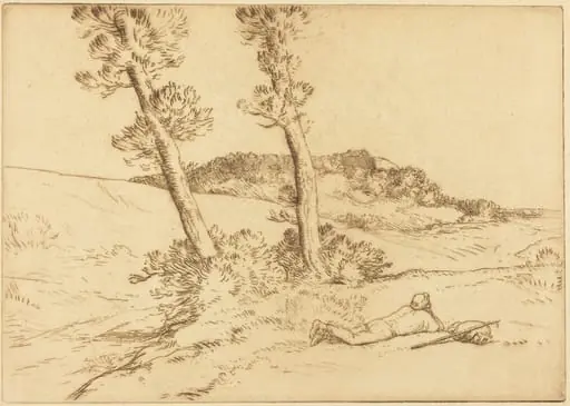 Traveler Reclining on the Grass (Le voyageur etendu sur le gazon), by Alphonse Legros, ink, 1874