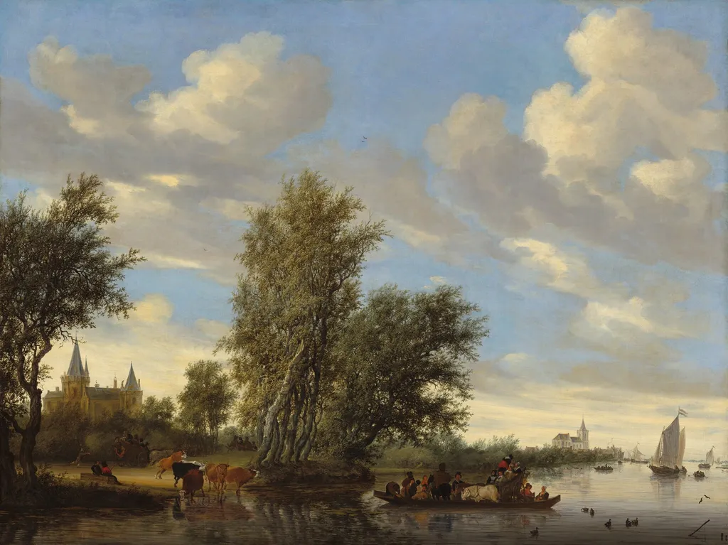 River Landscape with Ferry, by Salomon van Ruysdael, oil, 1649