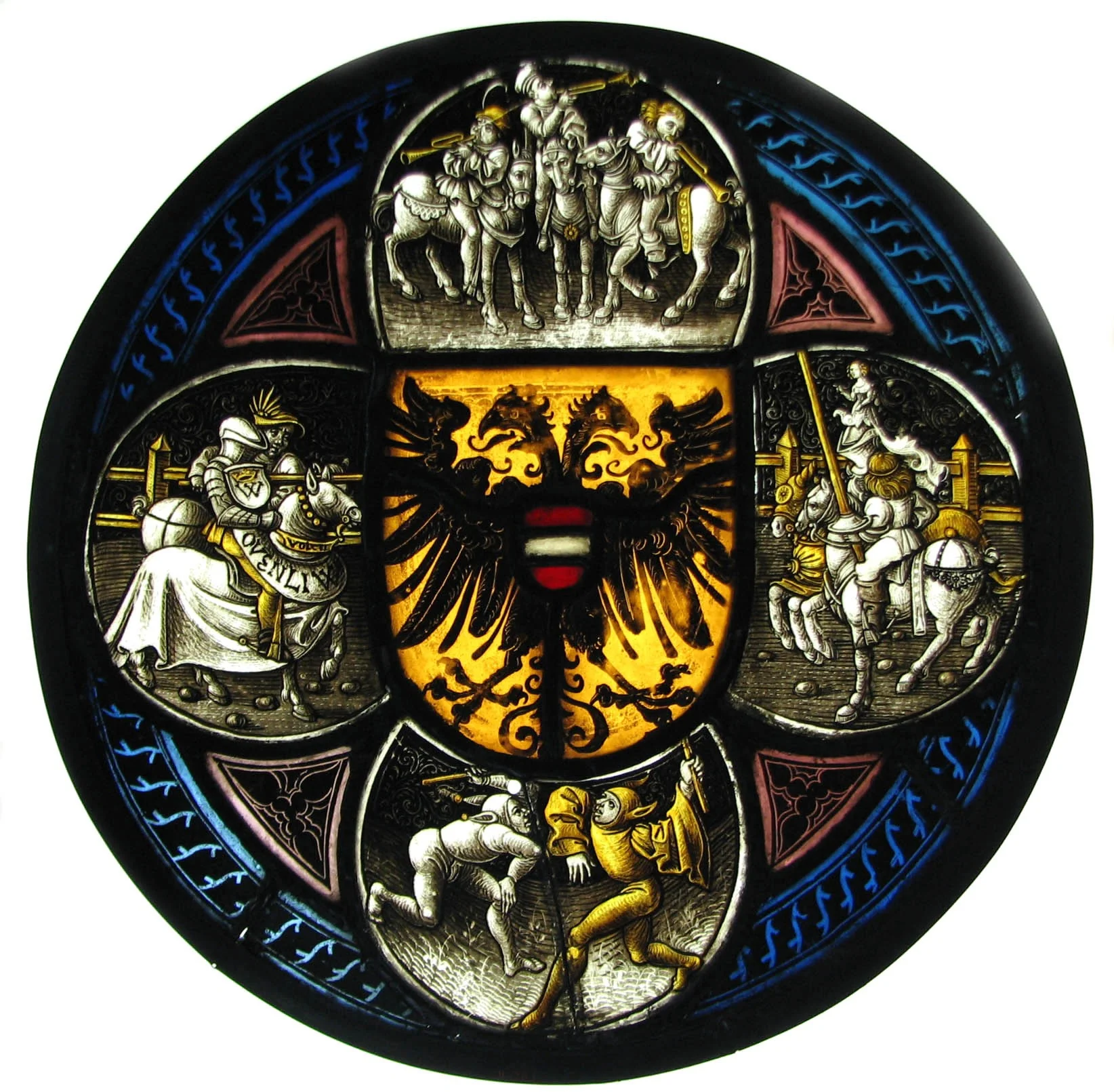 Quatrefoil Roundel with Arms and Secular Scenes, detail