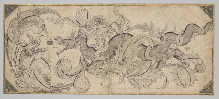 Dragon in foliage with lion and phoenix heads, detail