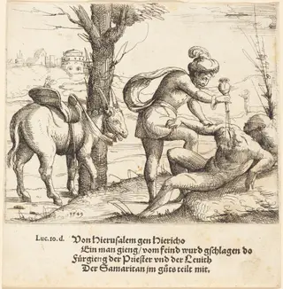 The Parable of the Good Samaritan, by Augustin Hirschvogel, ink, 1549