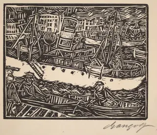 Marseille, Steamship in the Harbor (Marseille, Dampfer im Hafen), by Paul Gangolf, ink, 1900