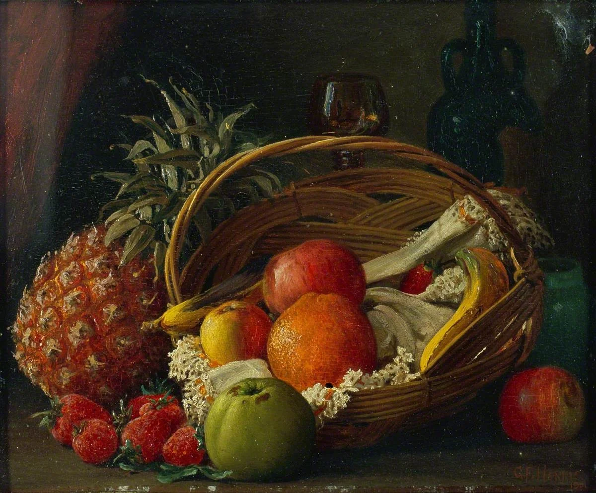 Still Life of Fruit in a Basket, a Pineapple Alongside and Wine Bottle and Glass Behind, detail