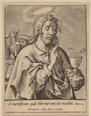 Si mortiferum quid biberint ... (Saint John the Evangelist), by Hieronymus Wierix, ink, 1586
