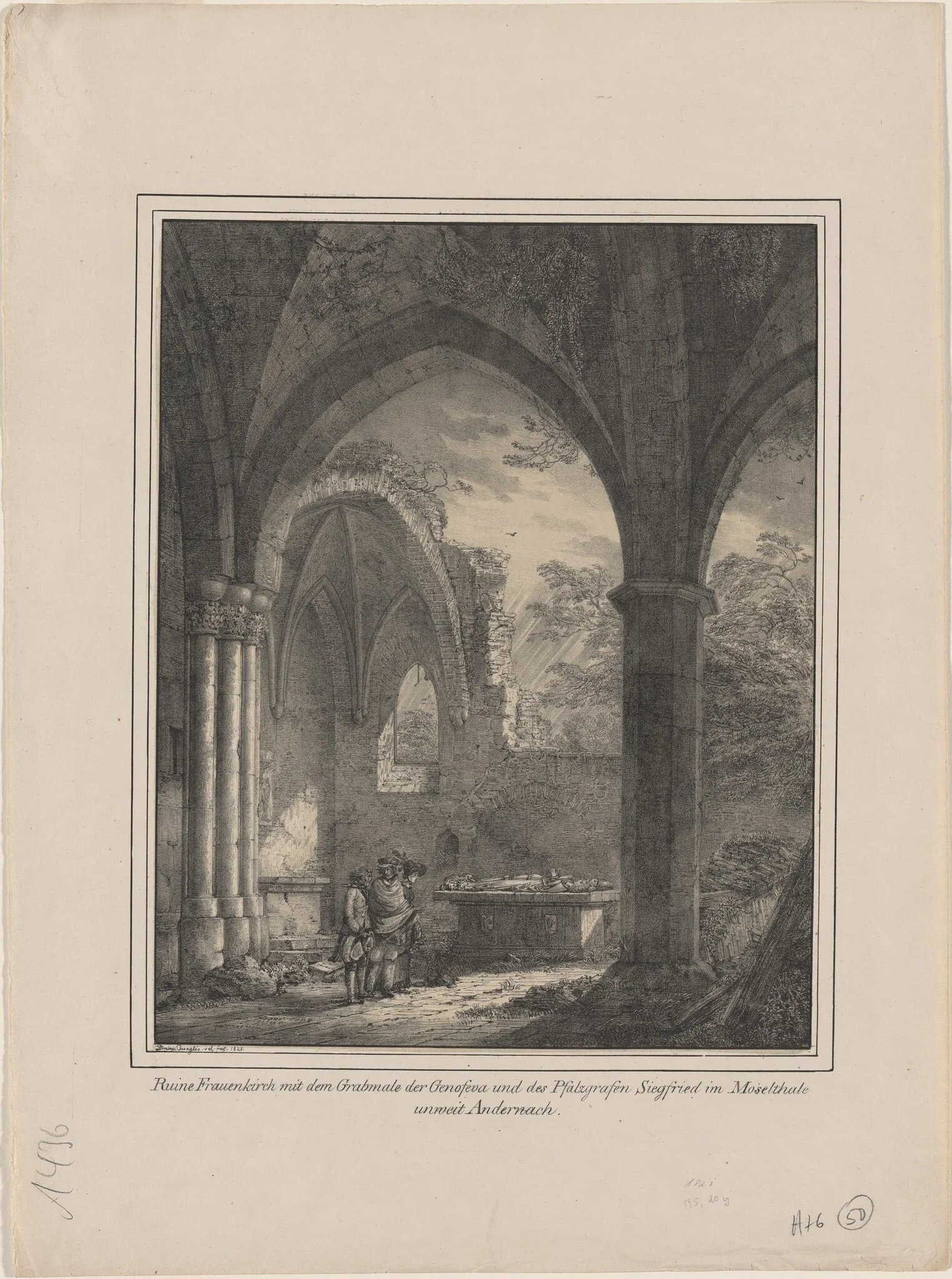 Ruine Frauenkirch mit dem Grabmale der Genoveva und des Pfalzgrafen Siegfried (Ruins of the Church of Our Lady with the Tombs of Genevieve and Count Siegfried), detail