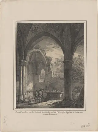 Ruine Frauenkirch mit dem Grabmale der Genoveva und des Pfalzgrafen Siegfried (Ruins of the Church of Our Lady with the Tombs of Genevieve and Count Siegfried), by Domenico Quaglio, ink, 1821