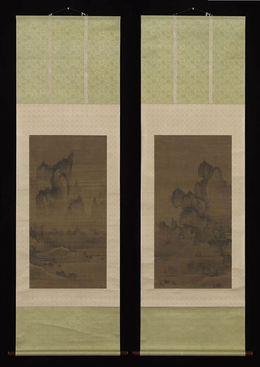 해질녘 산사의 종소리 조선|煙寺暮鍾圖 朝鮮|Evening bell from mist-shrouded temple (left); Autumn moon over Lake Dongting (right), detail