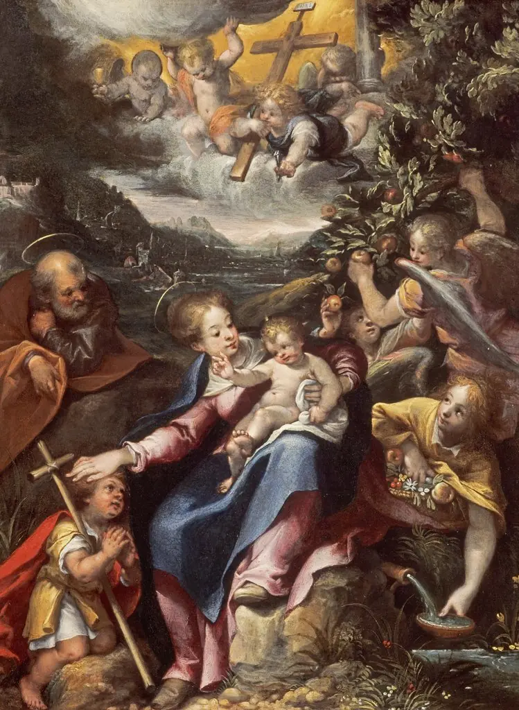 The Holy Family with the Infant Saint John the Baptist in a Landscape, by Denys Calvaert, oil, 1598