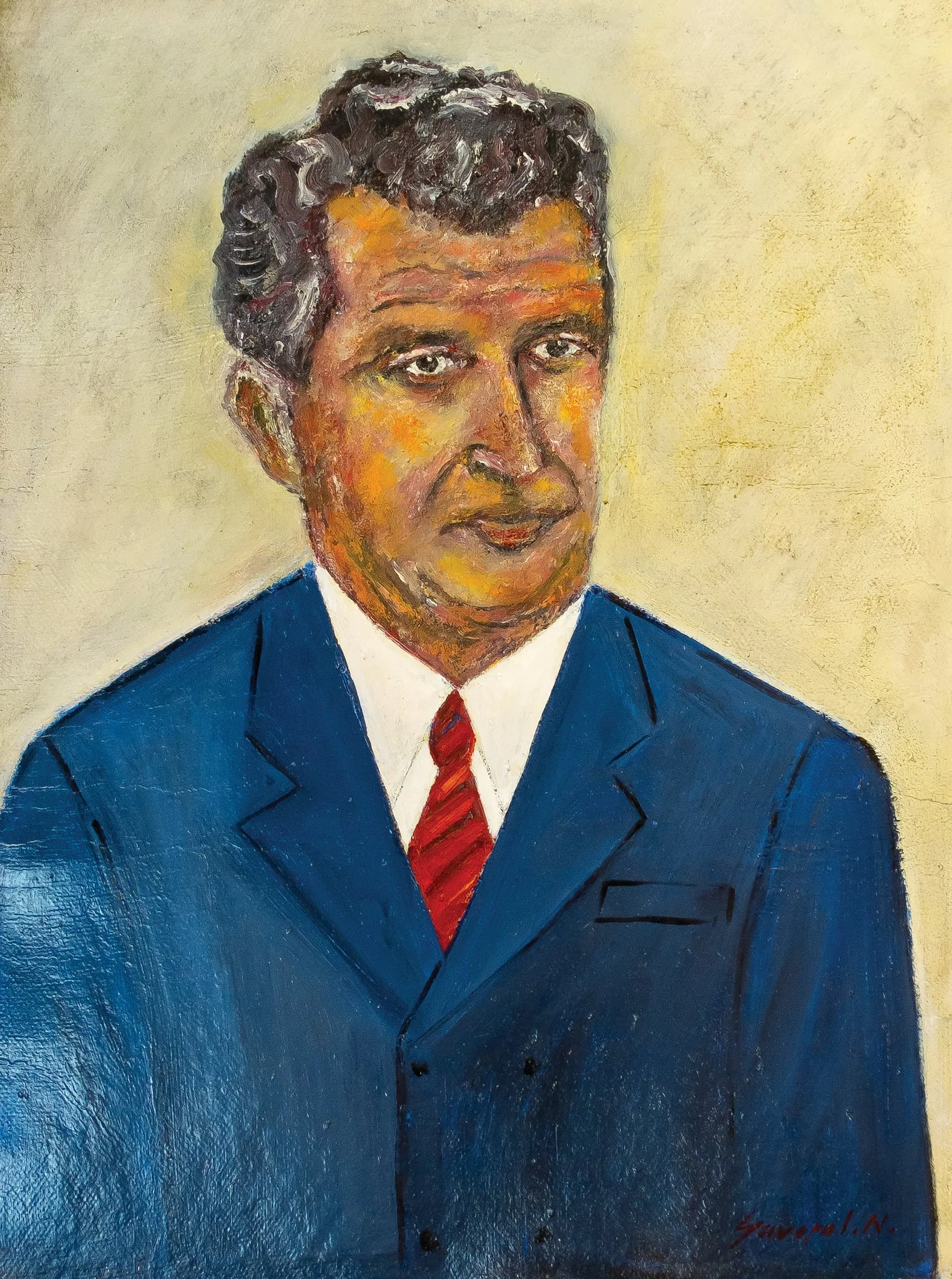 Tablou, ulei pe carton,”Nicolae Ceaușescu”, semnat în pertea dreaptă jos Savopol N., nedatat. Oferit cadou de autor, Nicola Savopol, lui Nicolae Ceaușescu cu ocazia zilei de naștere, București., detail