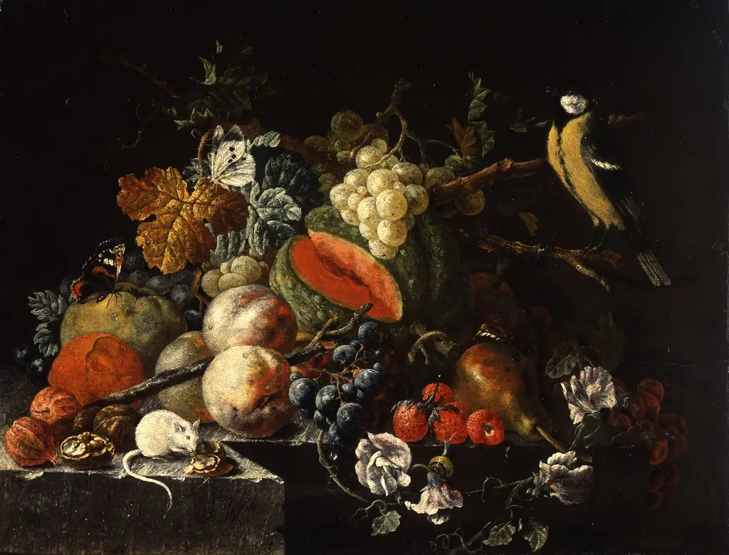 Still Life with Fruits, Flowers and Animals, by Johann Amandus Winck, oil, 1792
